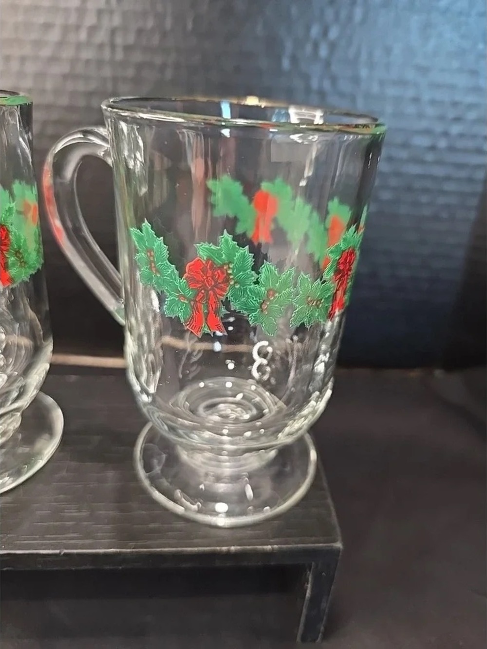 Clear Glass Holiday Footed Mug with Green Holly and Red Bow